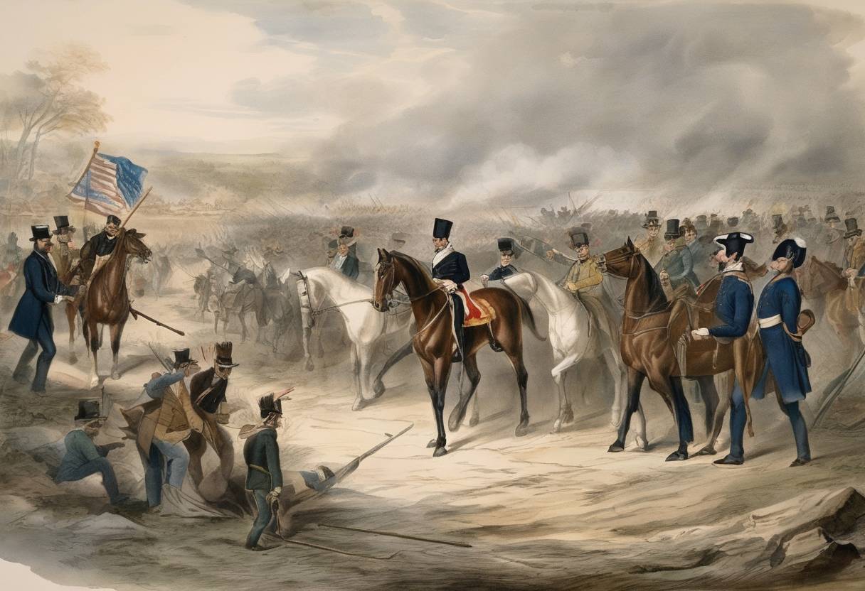 Watercolor painting based depiction of President James K. Polk asked Congress for a Declaration of War against Mexico, initiating the Mexican-American War. (1846)