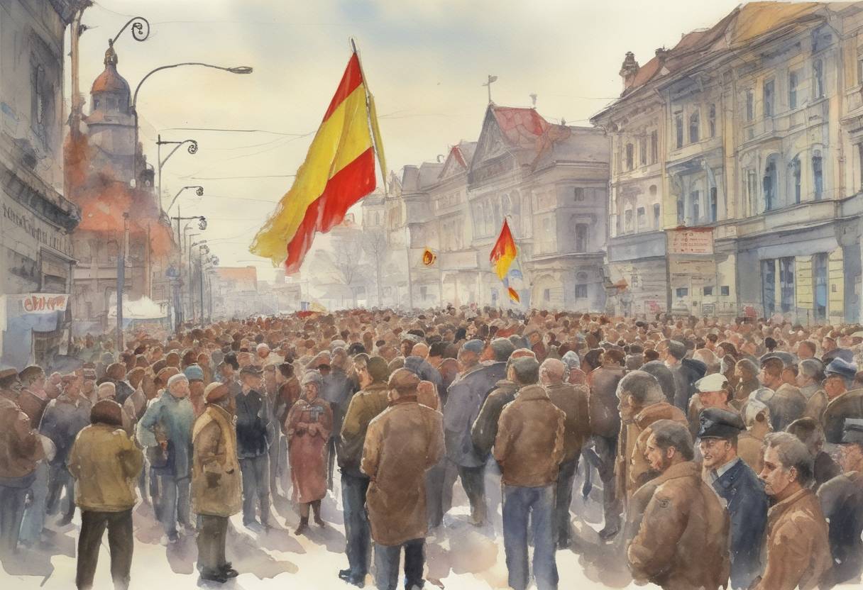 Watercolor painting based depiction of The Romanian Revolution begins in Timișoara with protests against the communist regime of Nicolae Ceaușescu. (1989)