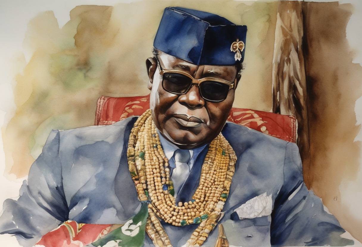 Watercolor painting based depiction of Mobutu Sese Seko, the longtime dictator of Zaire, fled the country, effectively bringing an end to his 32-year rule as the country faced political upheaval. (1997)