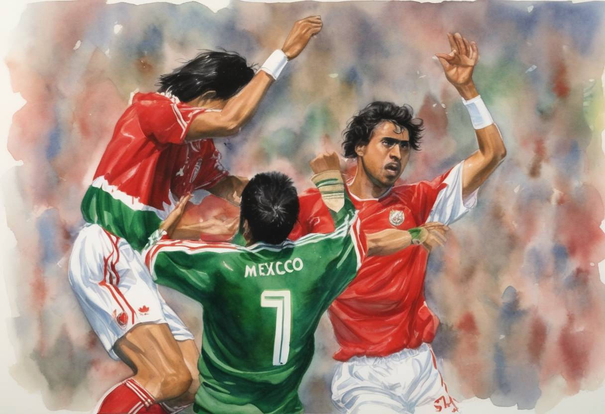 Watercolor painting based depiction of Canada-Mexico sports relations are strengthened as Mexico's soccer team wins the final of the Canada Cup, held in Burnaby, British Columbia, by defeating the host nation, Canada, 2-1. This tournament served as a precursor to the establishment of more regular international competitions in the region. (1992)