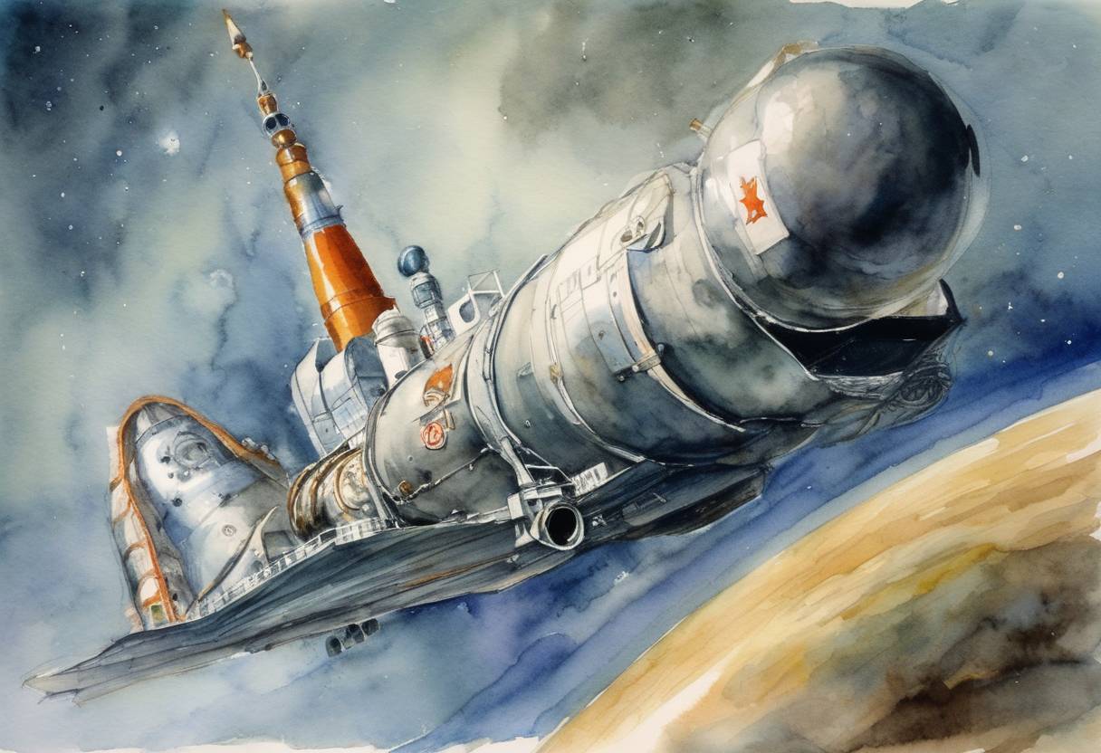 Watercolor painting based depiction of Russian cosmonaut Valeri Polyakov begins his journey on the Soyuz TM-18 to the Mir space station, aiming to set a record for the longest continuous human stay in space. (1994)