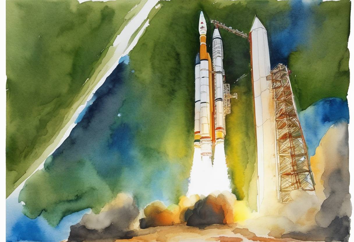 Watercolor painting based depiction of India launched its largest rocket, the GSLV Mk III, which successfully placed 36 telecommunications satellites into orbit as part of a contract with UK-based company OneWeb. This launch demonstrated India's growing capability and participation in the global space industry. (2023)