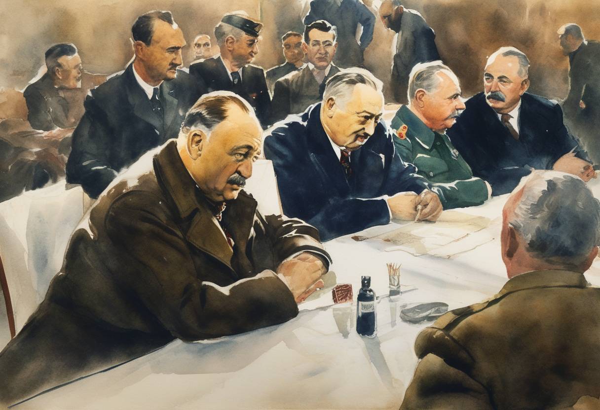 Watercolor painting based depiction of The Yalta Conference, attended by Churchill, Roosevelt, and Stalin, concludes after a week of discussions on the post-war reorganization and boundaries of Europe. (1945)