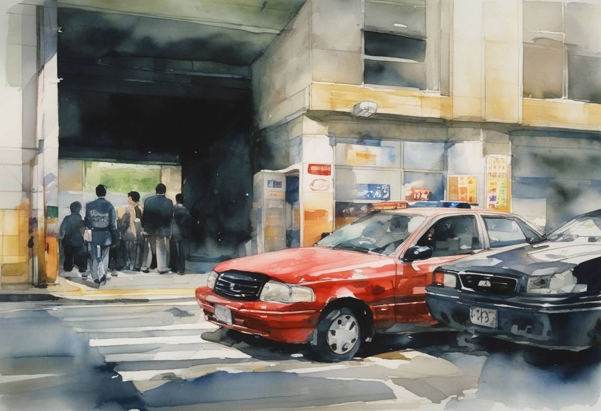 Watercolor painting based depiction of Five people are killed and fourteen others are seriously injured when a car plows into a subway station entrance in Tokyo while being chased by police. (2001)