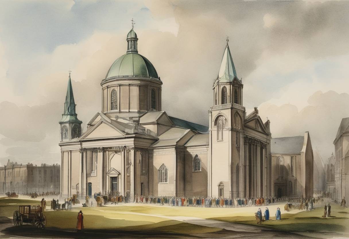 Watercolor painting based depiction of On July 20, 1761, Bishop Richard Challoner consecrated the Cathedral of the Assumption in Raheny, Dublin. This marked a significant moment for the Irish Catholic community as it represented a period of religious growth and fortification under the penal laws that restricted Catholic rights in Ireland. (1761)