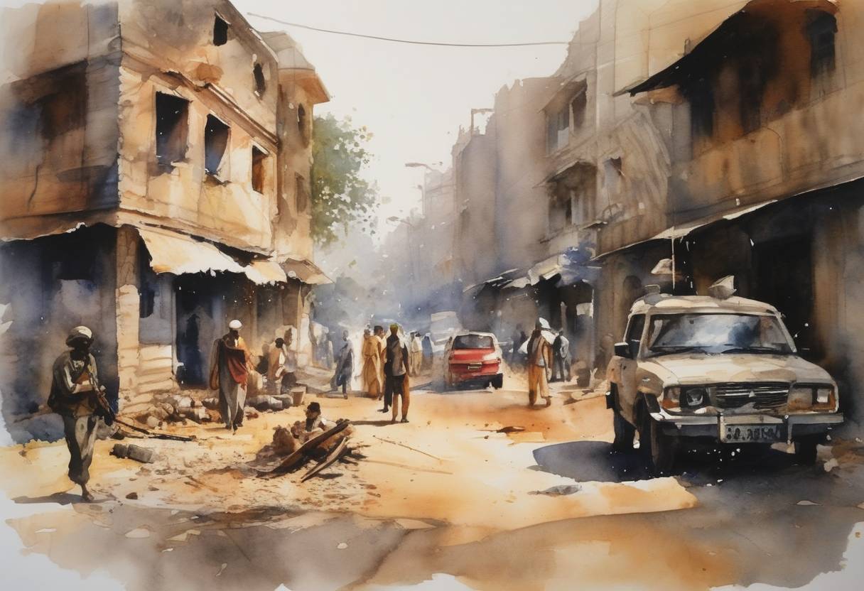 Watercolor painting based depiction of A series of coordinated bomb blasts struck the city of Ahmedabad, causing numerous casualties. The Indian Mujahideen claimed responsibility. (2008)