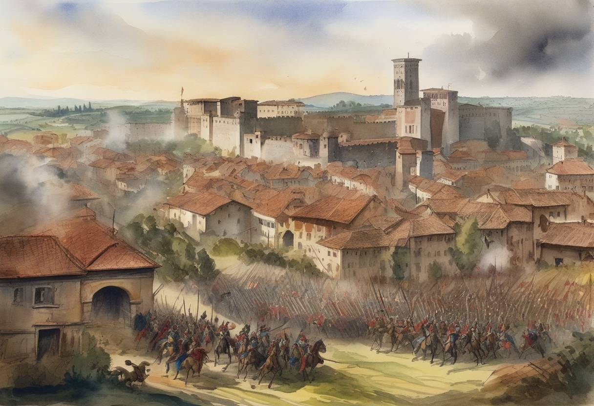 Watercolor painting based depiction of The Battle of Legnano was fought between the forces of the Holy Roman Empire, led by Emperor Frederick I Barbarossa, and the Lombard League, a coalition of northern Italian city-states. The Lombard League emerged victorious. (1176)