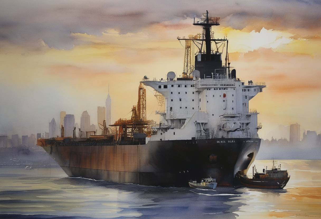 Watercolor painting based depiction of Oil reached a record high price of $147.27 per barrel, raising concerns over the global economy and prompting discussions on sustainable energy alternatives. (2008)