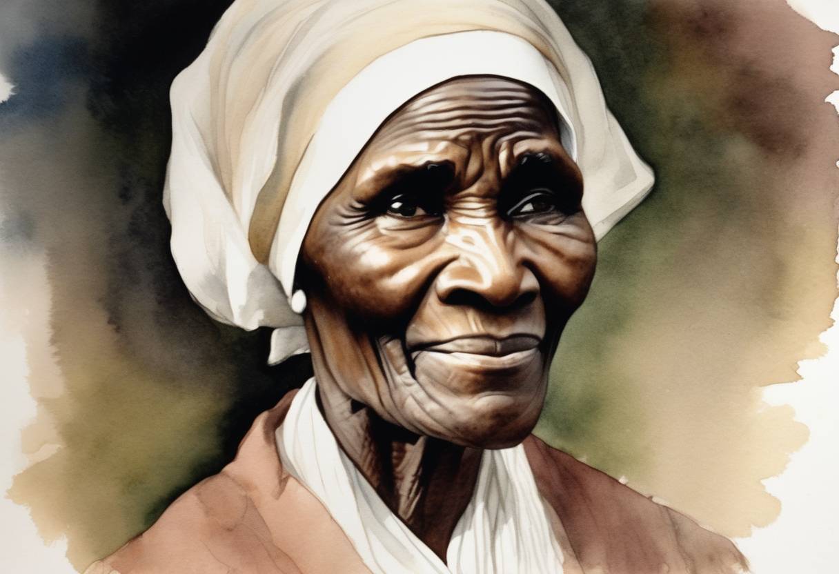 Watercolor painting based depiction of Sojourner Truth, an American abolitionist and women's rights activist, dies. (1883)