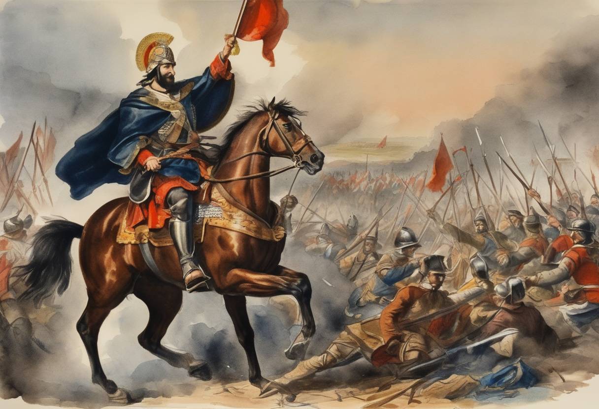 Watercolor painting based depiction of At the Battle of São Mamede, Afonso Henriques defeats forces loyal to his mother, Theresa of Portugal, leading to the independence of the County of Portugal. (1128)