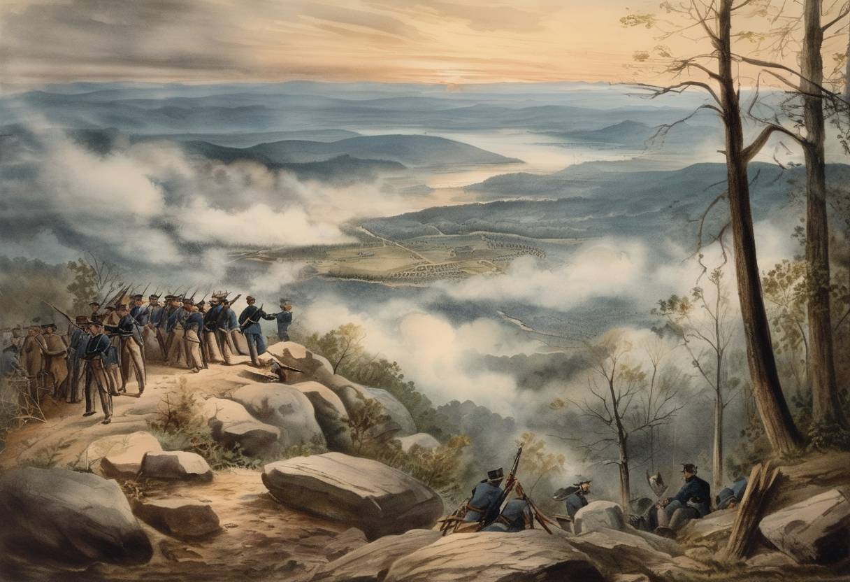 Watercolor painting based depiction of The Battle of Lookout Mountain during the American Civil War begins. Union forces fight Confederate troops in Tennessee, a prelude to the larger Battle of Chattanooga. (1863)