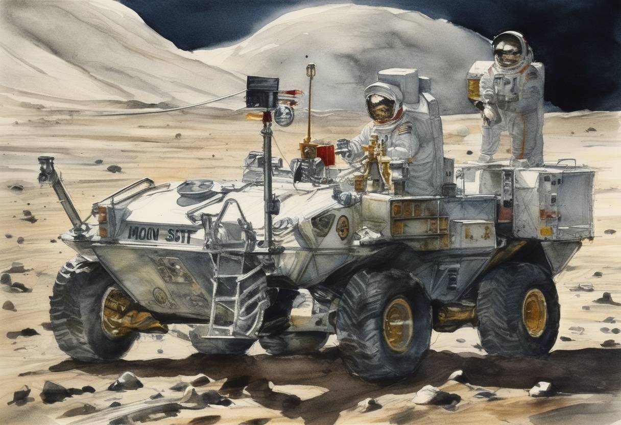 Watercolor painting based depiction of Apollo 15 astronauts David Scott and James Irwin became the first to ride in a lunar rover on the Moon. (1971)