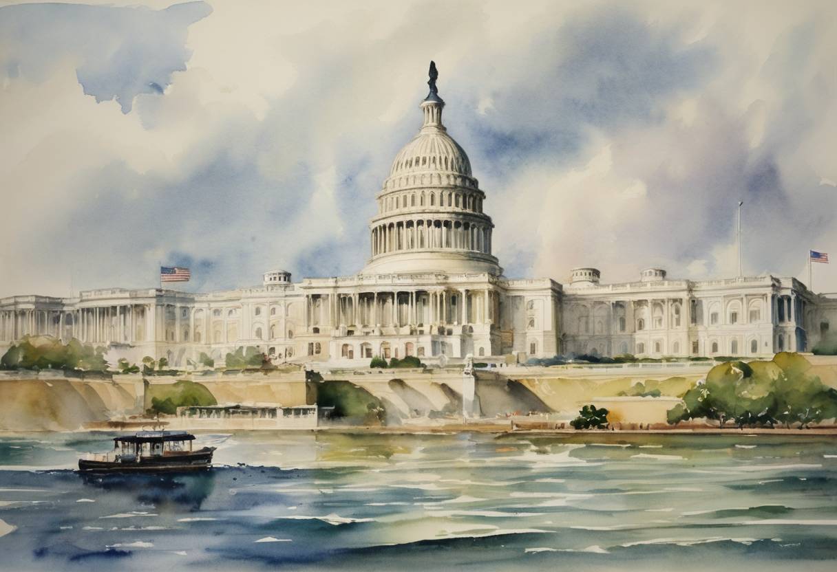 Watercolor painting based depiction of The U.S. Congress passed the Gulf of Tonkin Resolution, giving President Lyndon B. Johnson authority to assist any Southeast Asian country whose government was considered to be jeopardized by "communist aggression." This significantly escalated U.S. involvement in the Vietnam War. (1964)