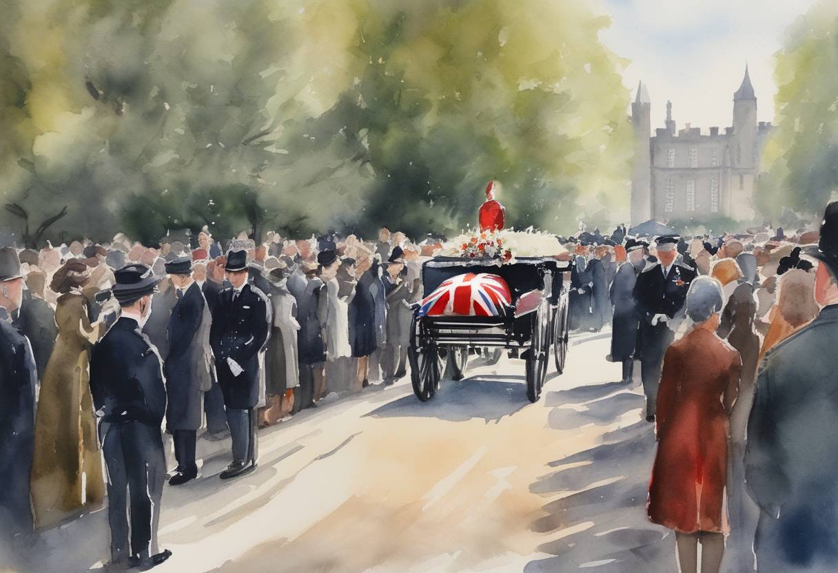 Watercolor painting based depiction of The burial of Prince Philip, Duke of Edinburgh, took place following his death on April 9th. Due to the COVID-19 pandemic, the ceremony was small, attended by close family members and adhering to health guidelines. The Duke of Edinburgh was interred in the Royal Vault of St George's Chapel at Windsor Castle. (2021)