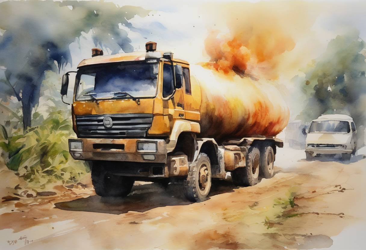 Watercolor painting based depiction of A fuel tanker explosion in South Kivu, Democratic Republic of the Congo, resulted in at least 230 deaths, many of whom were watching World Cup soccer at the time. (2010)