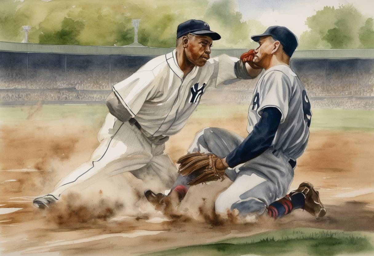 Watercolor painting based depiction of The Ray Chapman incident occurred when the Cleveland Indians shortstop was hit in the head by a pitch from Carl Mays of the New York Yankees during a Major League Baseball game, leading to Chapman's death on the following day. This remains the only MLB game fatality due to an on-field incident. (1920)