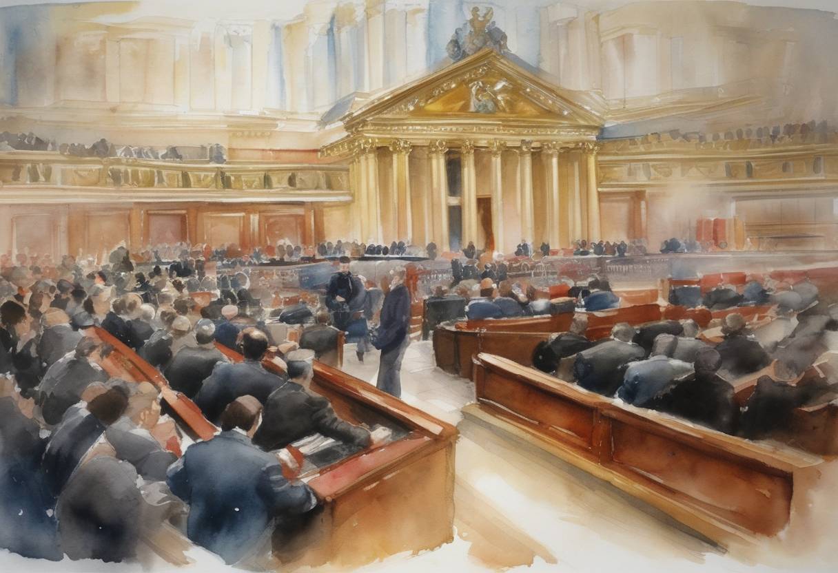 Watercolor painting based depiction of The Supreme Court of Russia upholds the dissolution of political party National Bolshevik Party, recognizing it as an extremist organization. (2005)