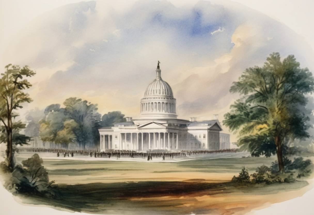 Watercolor painting based depiction of On the date that Zachary Taylor was supposed to be inaugurated as the 12th President of the United States, he reportedly postponed the ceremony to March 5 due to it being a Sunday, leading to the alternate claim of David Rice Atchison being President for a day. (1849)