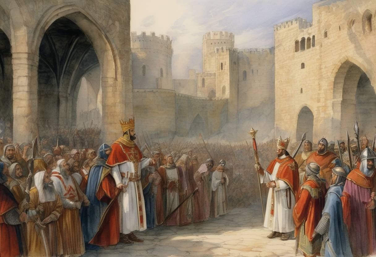 Watercolor painting based depiction of Pope Urban II calls for the First Crusade at the Council of Clermont, encouraging Europeans to liberate Jerusalem and the Holy Land from Muslim control, setting off a series of religious wars. (1095)