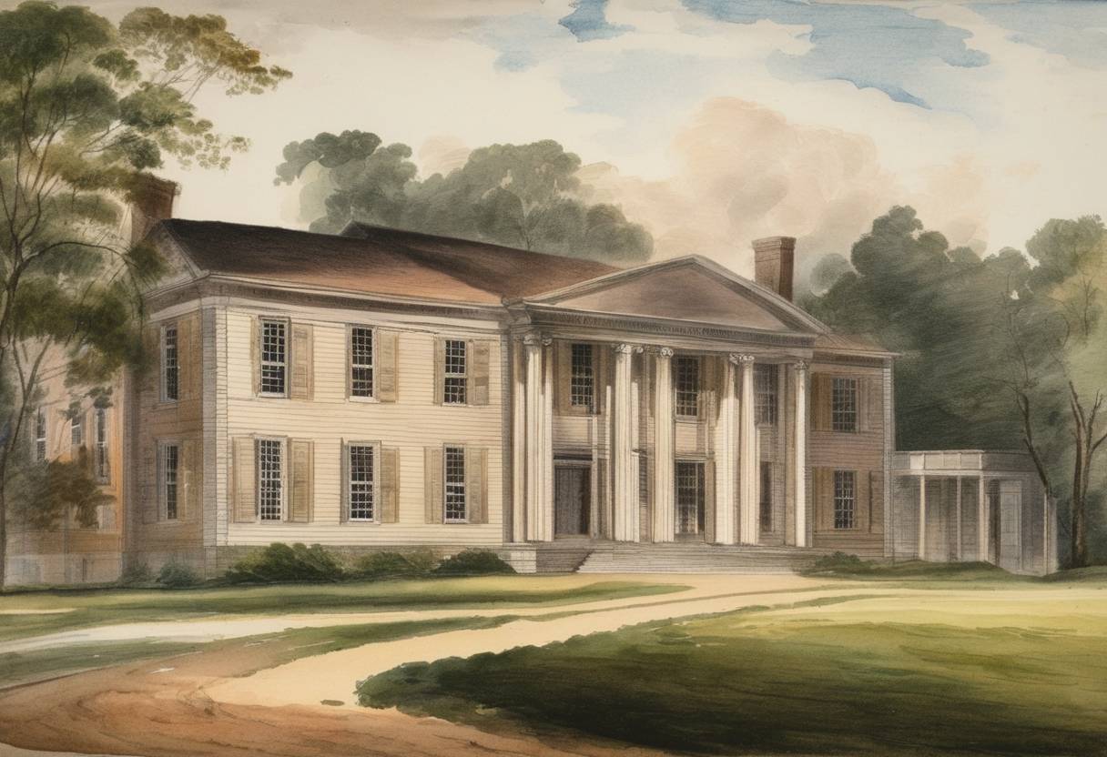 Watercolor painting based depiction of The first American school for the deaf, the American School for the Deaf, was founded by Thomas Hopkins Gallaudet, Dr. Mason Cogswell, and Laurent Clerc in Hartford, Connecticut. (1817)