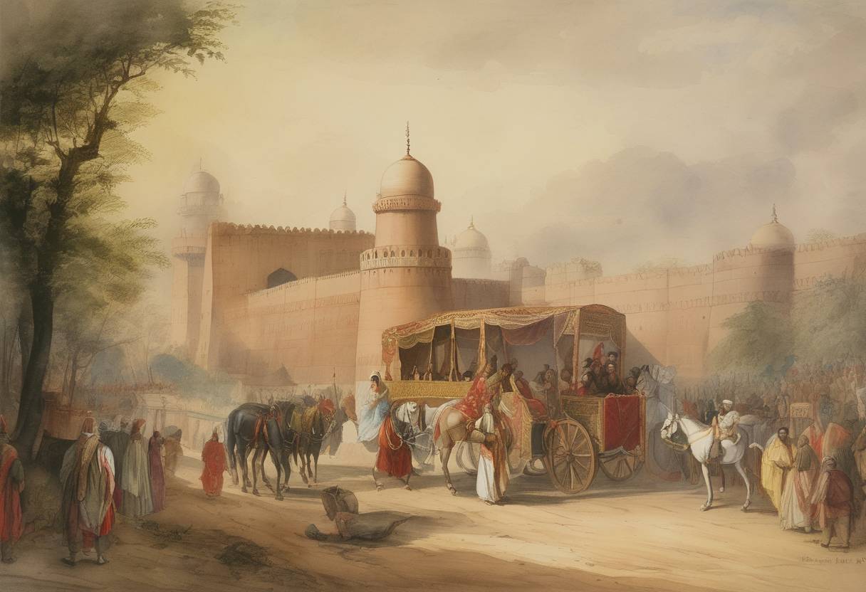 Watercolor painting based depiction of William H. Baines returns to England from the Mughal Empire's court of Akbar. (1597)
