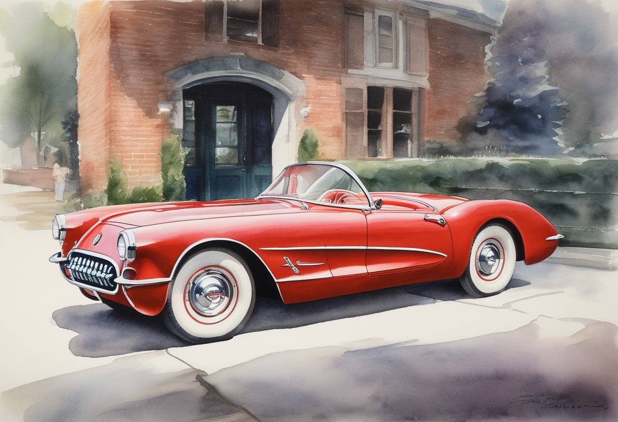 Watercolor painting based depiction of The first Chevrolet Corvette was manufactured and rolled off the assembly line in Flint, Michigan. (1953)