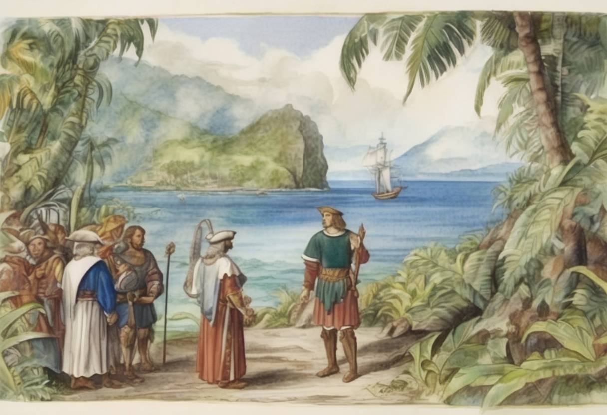 Watercolor painting based depiction of Christopher Columbus first sights the island of Dominica during his second voyage to the Americas. (1493)