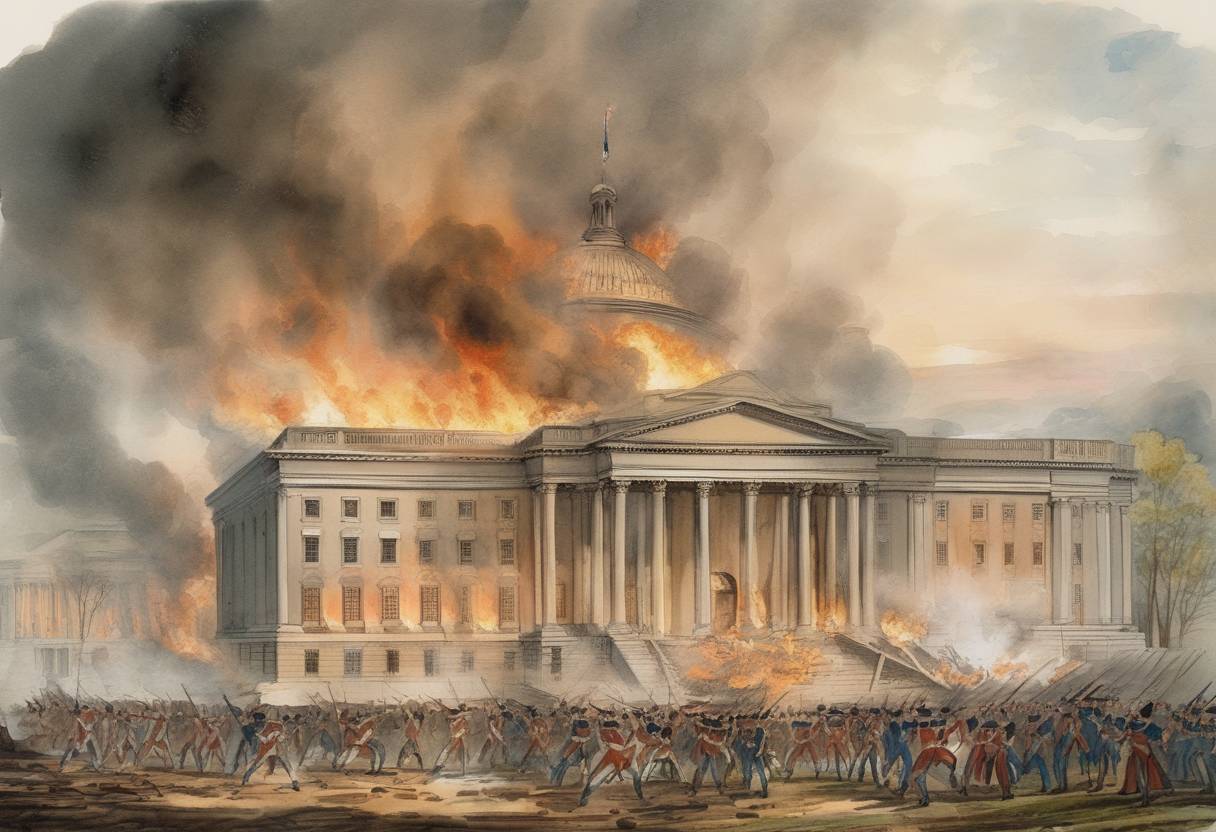 Watercolor painting based depiction of British forces destroy the Library of Congress during the Burning of Washington in the War of 1812. (1814)