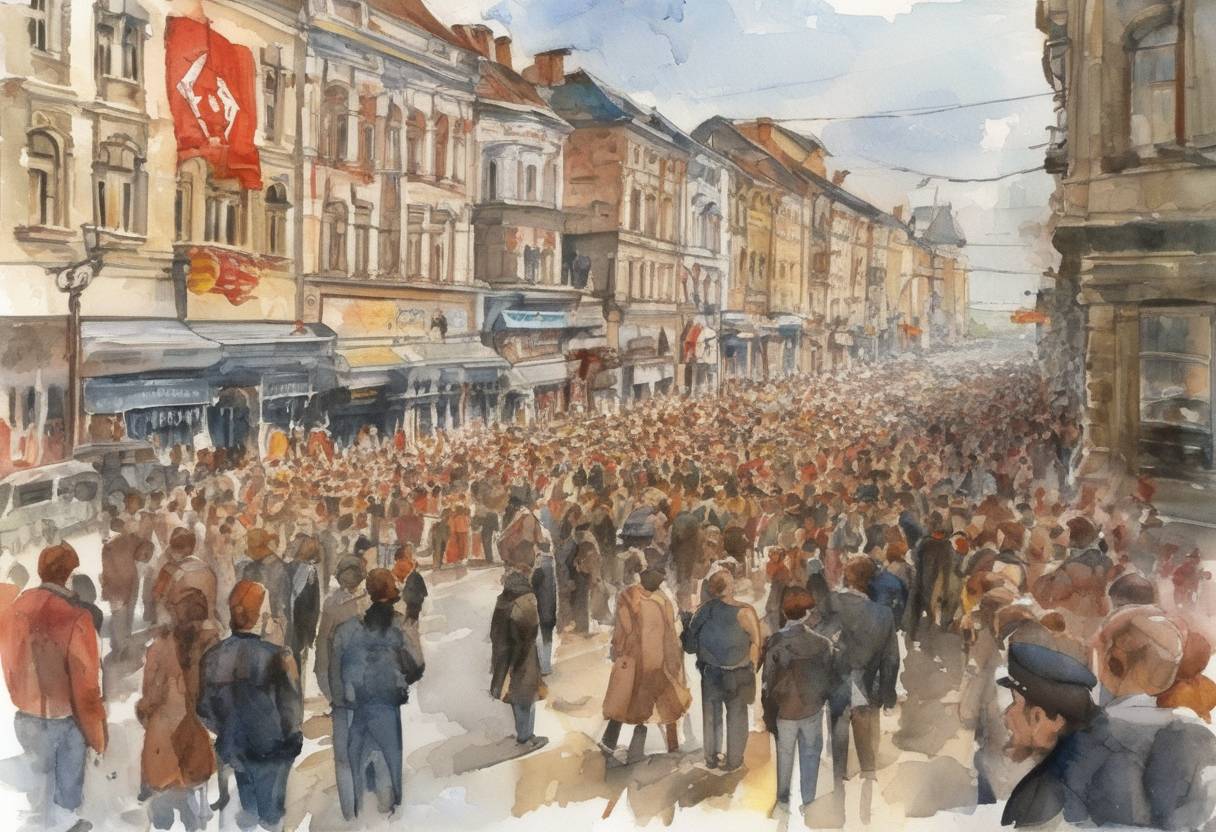 Watercolor painting based depiction of The Romanian Revolution began in Timișoara, marking the start of the end of Nicolae Ceaușescu's communist regime in Romania. (1989)