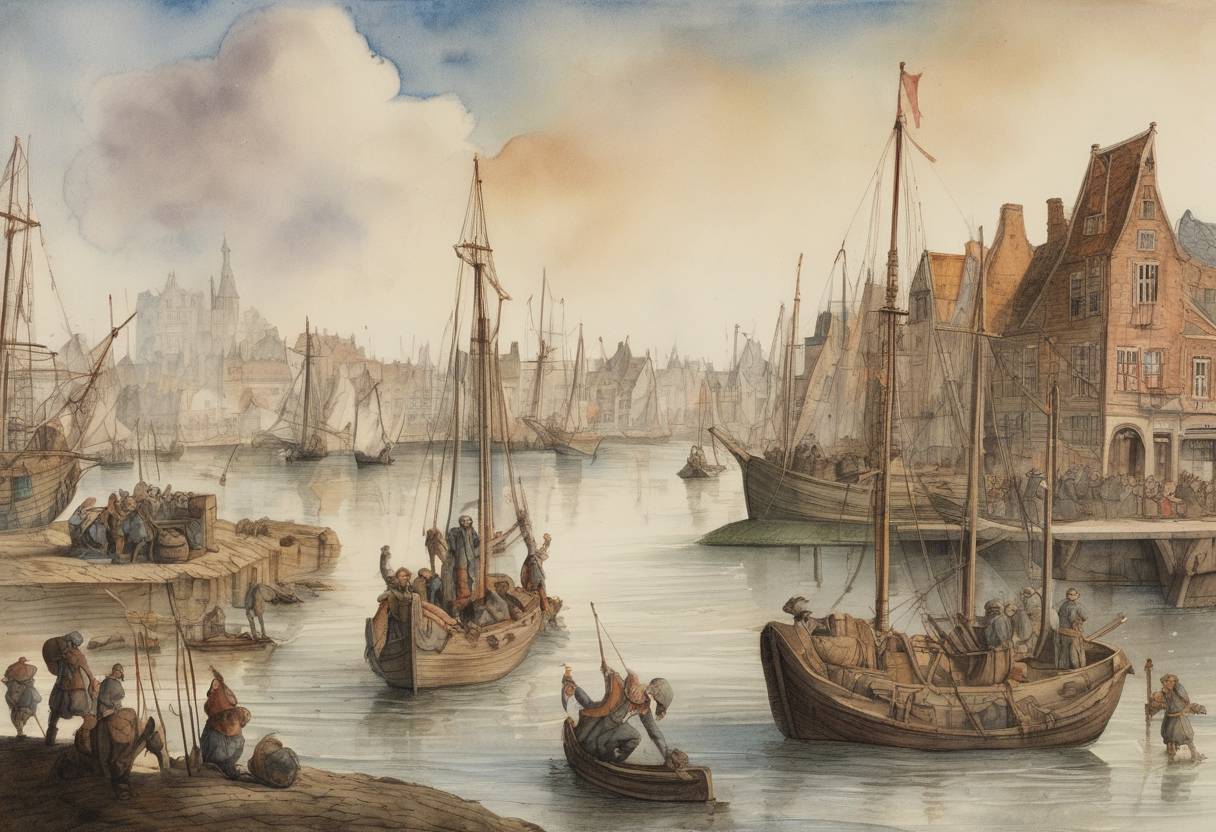 Watercolor painting based depiction of The Watergeuzen (Sea Beggars), a group of Dutch rebels, captured the city of Brielle from the Spanish, marking a significant event in the Eighty Years' War. (1572)