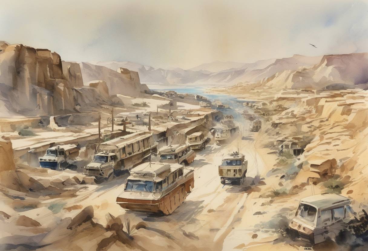 Watercolor painting based depiction of The Suez Crisis began when Israel invaded the Sinai Peninsula, followed by the United Kingdom and France, aiming to regain Western control of the Suez Canal and remove Egyptian President Gamal Abdel Nasser. (1956)