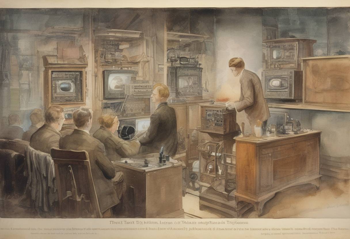 Watercolor painting based depiction of John Logie Baird performs the first test of a working television system. (1925)
