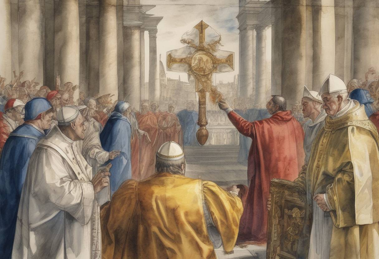 Watercolor painting based depiction of Pope Leo X issued the papal bull Exsurge Domine, threatening Martin Luther with excommunication unless he recanted his 95 Theses. (1520)