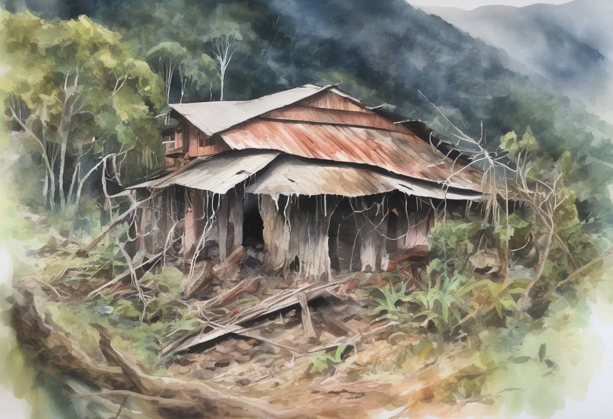 Watercolor painting based depiction of A magnitude 7.5 earthquake strikes Papua New Guinea, causing significant damage and resulting in numerous casualties. (2018)