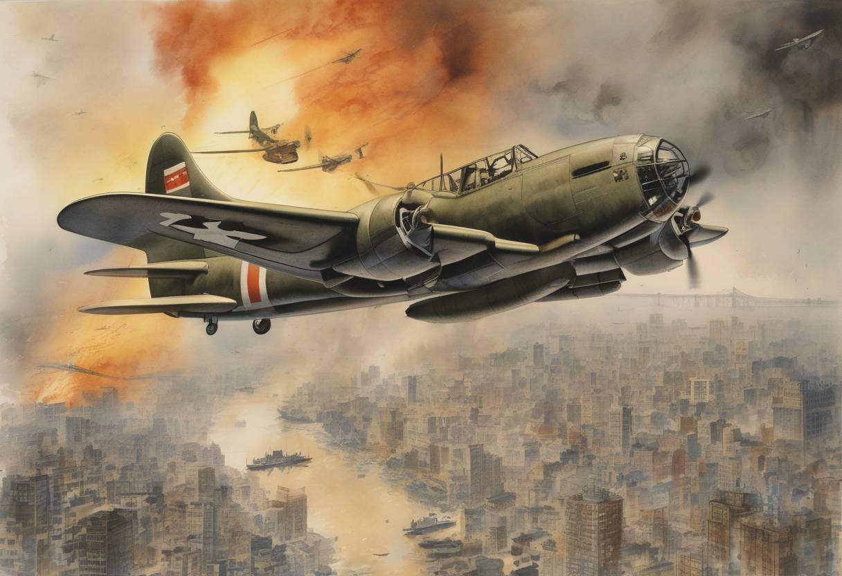 Watercolor painting based depiction of The U.S. Army Air Forces firebomb Tokyo, resulting in the deaths of an estimated 100,000 people. (1945)