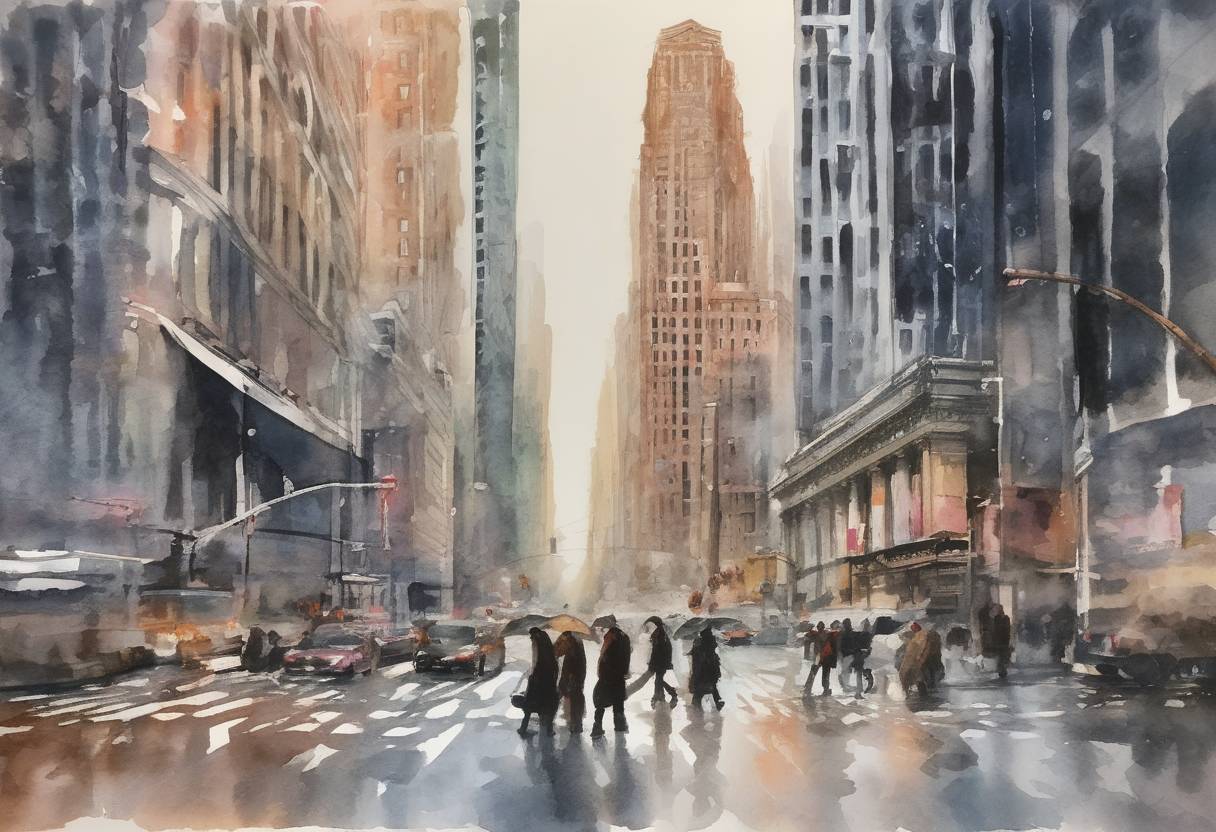 Watercolor painting based depiction of The Dow Jones Industrial Average experienced its largest single-day point drop at the time, falling 1,175 points, amid fears of rising inflation and interest rates. (2018)