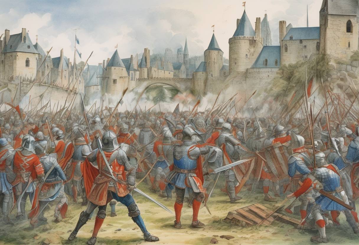 Watercolor painting based depiction of The Battle of Auray took place during the Breton War of Succession, resulting in a decisive victory for John de Montfort, who secured the Duchy of Brittany. (1364)