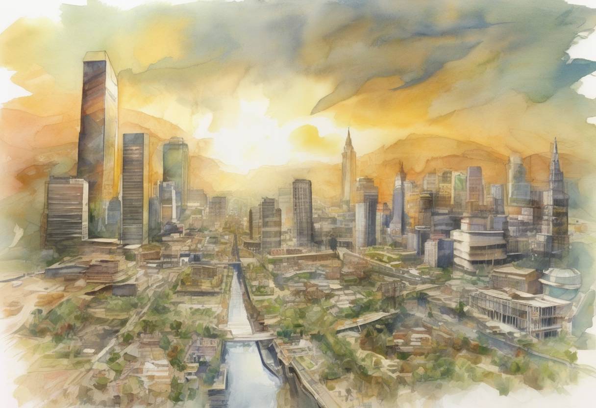 Watercolor painting based depiction of The United Nations World Summit on Sustainable Development concluded in Johannesburg, South Africa. The summit aimed to address issues of sustainable development and environmental protection. (2002)