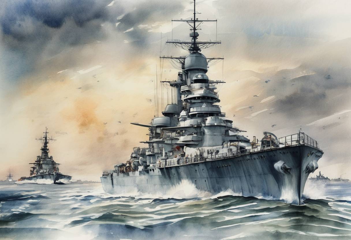 Watercolor painting based depiction of World War II: The German pocket battleship Admiral Graf Spee was scuttled by its crew off Montevideo, Uruguay. (1939)