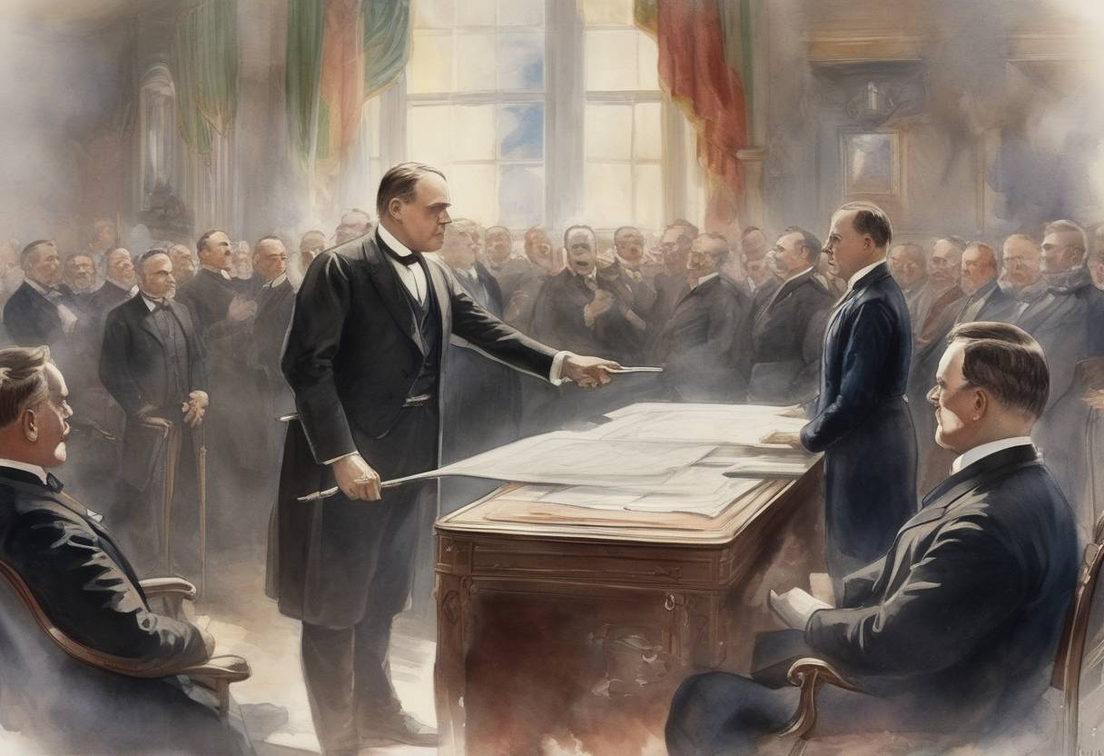 Watercolor painting based depiction of U.S. President William McKinley dies after being shot by an assassin on September 6, and Theodore Roosevelt is sworn in as the 26th President of the United States. (1901)