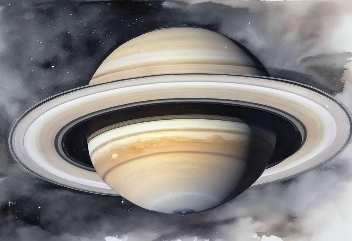 Watercolor painting based depiction of The Cassini spacecraft, a joint mission by NASA, ESA, and ASI, ended its 20-year mission by plunging into Saturn's atmosphere, providing valuable data until the very end. (2017)