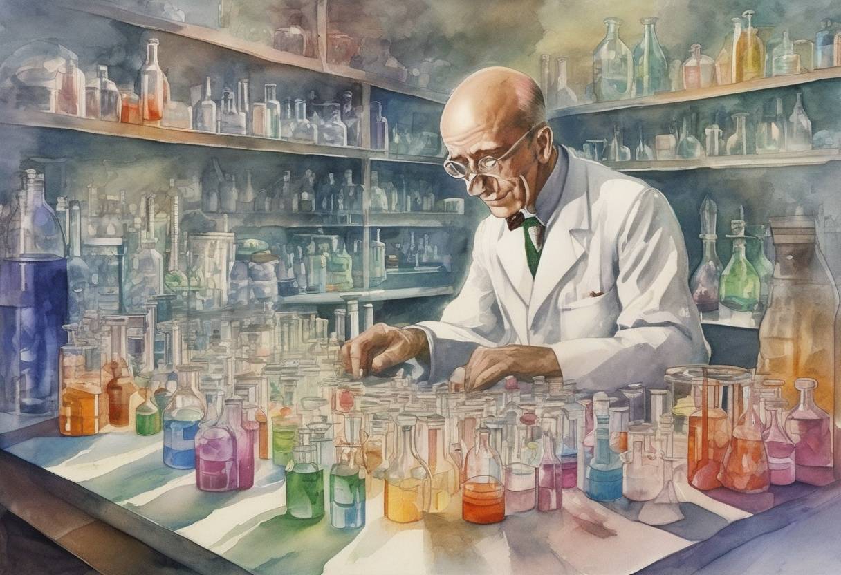 Watercolor painting based depiction of Swiss chemist Albert Hofmann first synthesizes LSD at Sandoz Laboratories in Basel, Switzerland, though its psychoactive properties are not discovered until 1943. (1938)