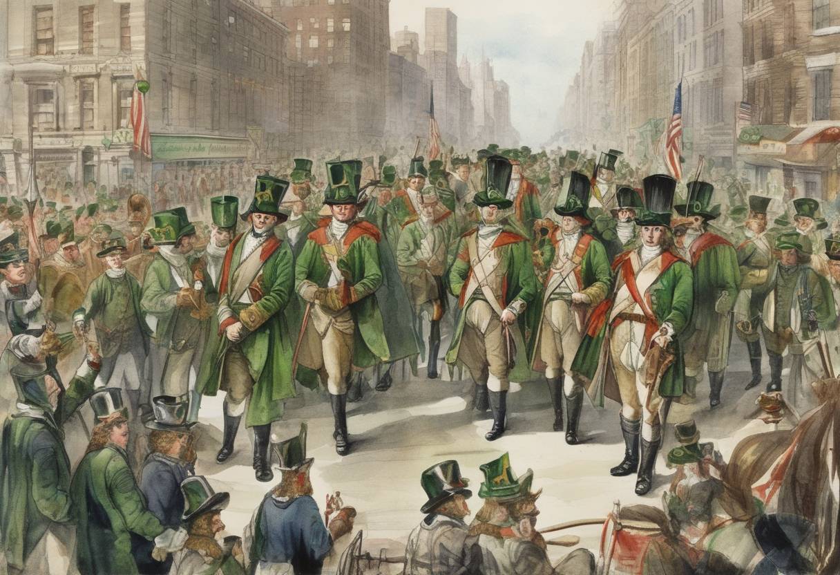 Watercolor painting based depiction of The first Saint Patrick's Day parade is held in New York City by Irish soldiers serving in the British army. (1762)