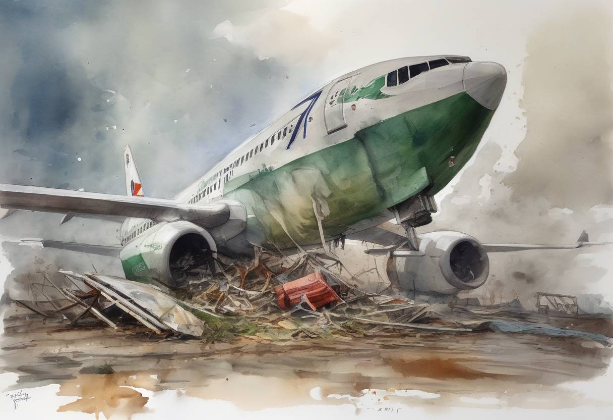 Watercolor painting based depiction of A Boeing 737 operated by Tatarstan Airlines crashed on landing in Kazan, Russia, killing all 50 people on board. (2013)