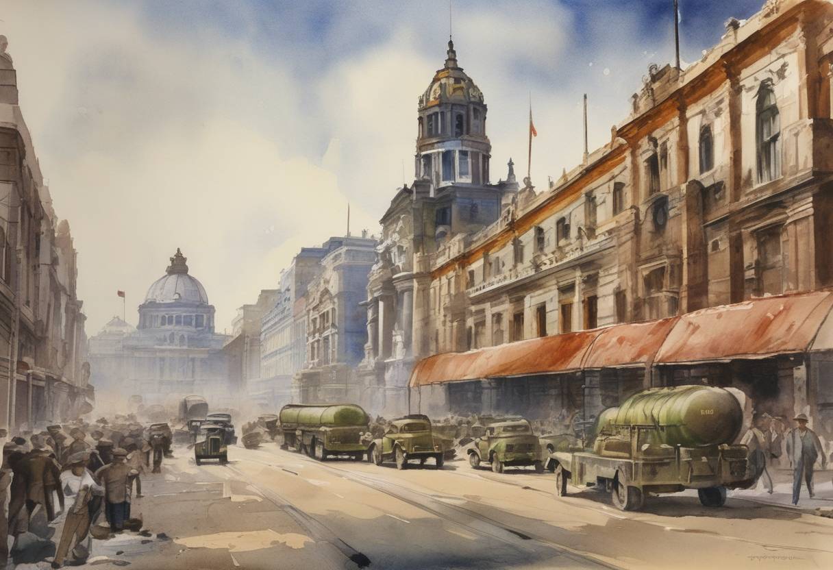 Watercolor painting based depiction of Mexico entered World War II on the side of the Allies, following the sinking of two Mexican oil tankers by German U-boats. (1942)