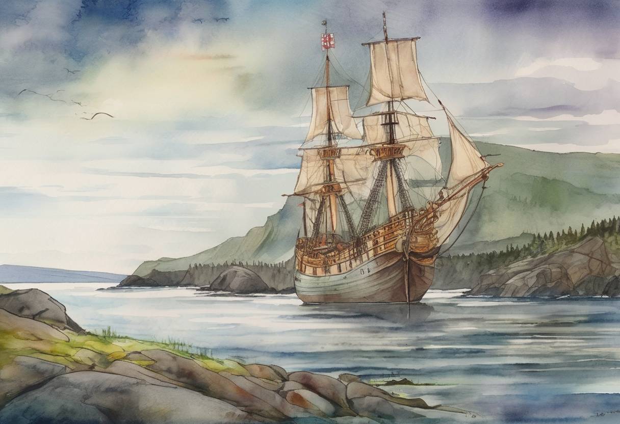 Watercolor painting based depiction of Leif Erikson is believed to have landed in North America, specifically in a region he called Vinland, which is part of modern-day Newfoundland, Canada. (1000)