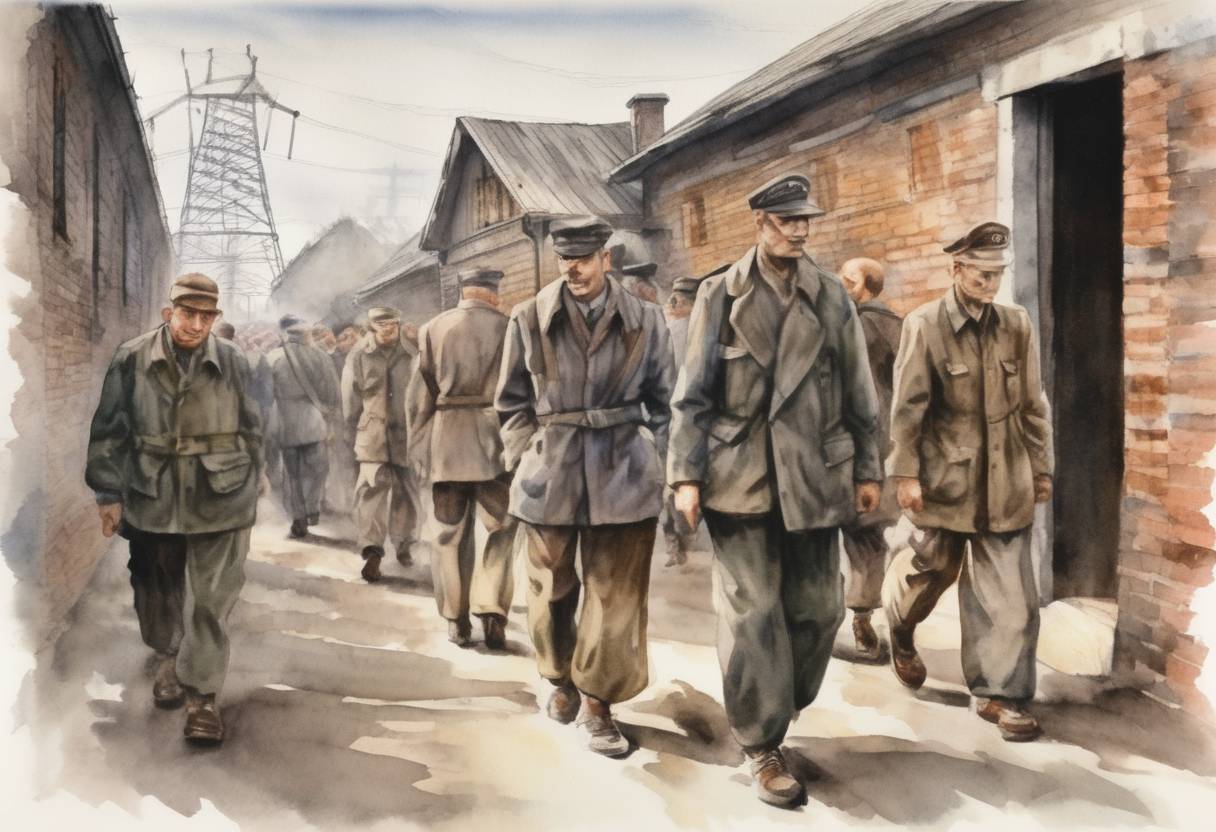 Watercolor painting based depiction of The first prisoners arrived at the Auschwitz concentration camp in German-occupied Poland, marking the beginning of one of the most infamous sites of the Holocaust. (1940)