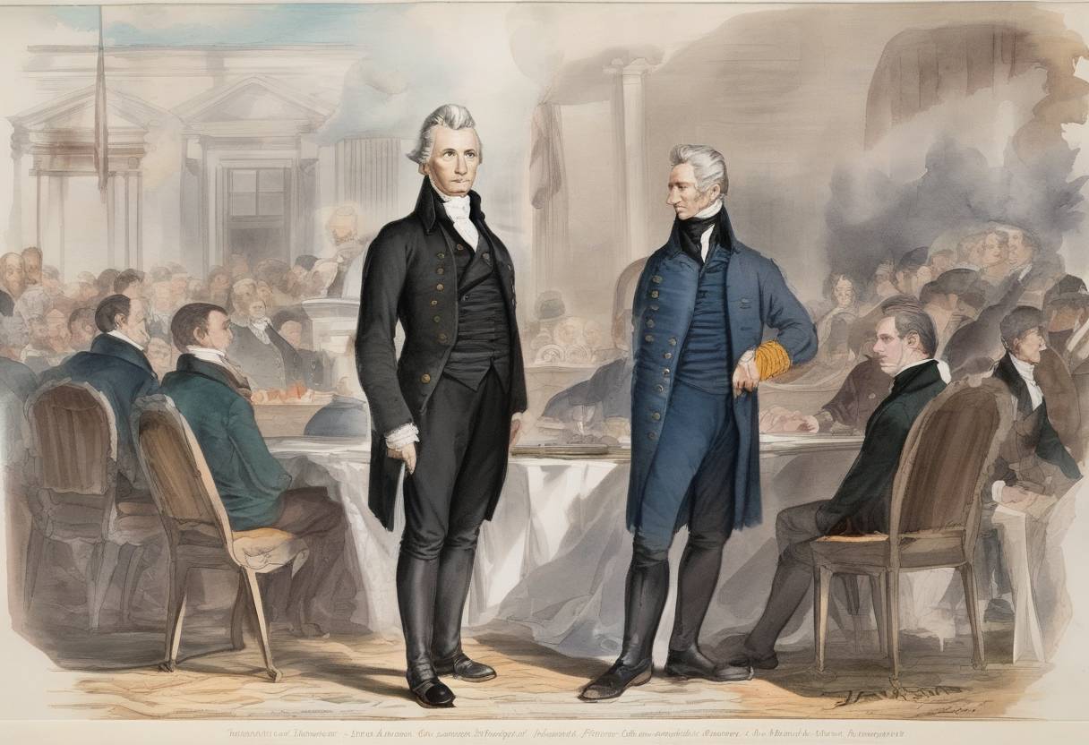 Watercolor painting based depiction of U.S. President James Monroe delivered the Monroe Doctrine, a key policy statement warning European nations against colonizing or interfering in the Americas. (1823)