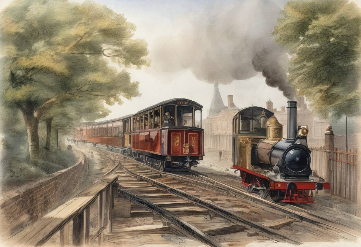 Watercolor painting based depiction of The Surrey Iron Railway, arguably the world's first public railway, opened in south London, England. (1803)