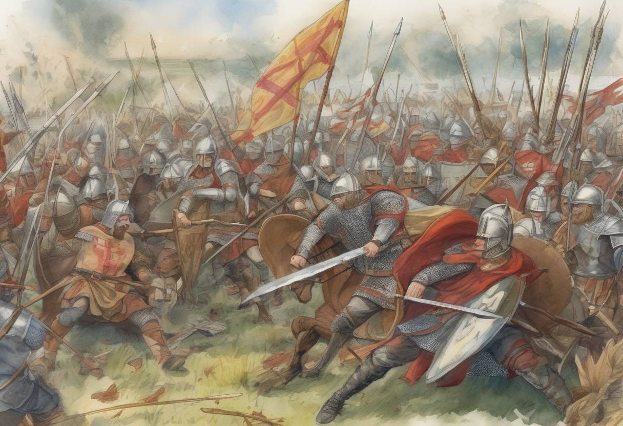 Watercolor painting based depiction of The Battle of Reading took place, where the West Saxons, led by King Æthelred and his brother Alfred the Great, attempted to repel a Viking invasion. The battle was part of the larger Viking invasions of England during this period. (871)